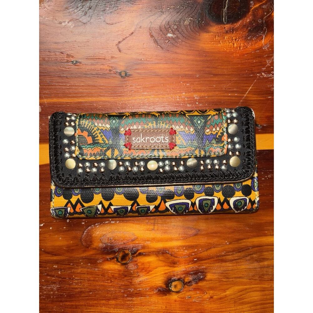 Sakroots Multicolor Patterned Studded Wallet - Yellow, Black, Green, Blue